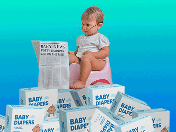 Toddler in glasses sits on pink potty reading newspaper, surrounded by stacks of baby diaper boxes